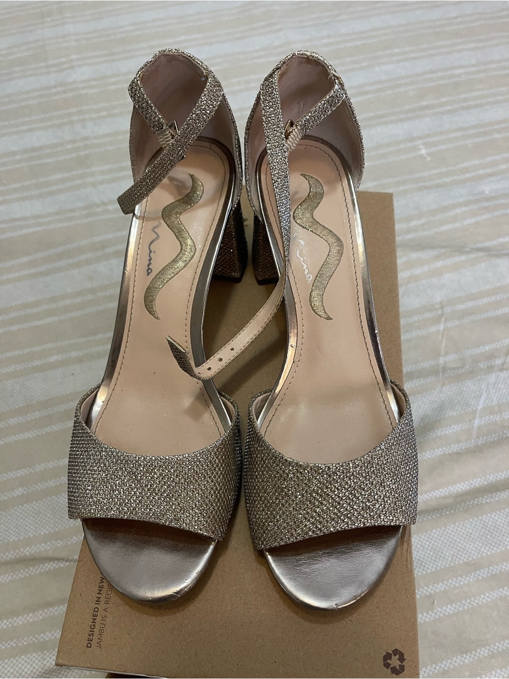 Nina Shoes Rose Gold Glitter Ankle-Strap Block Heels